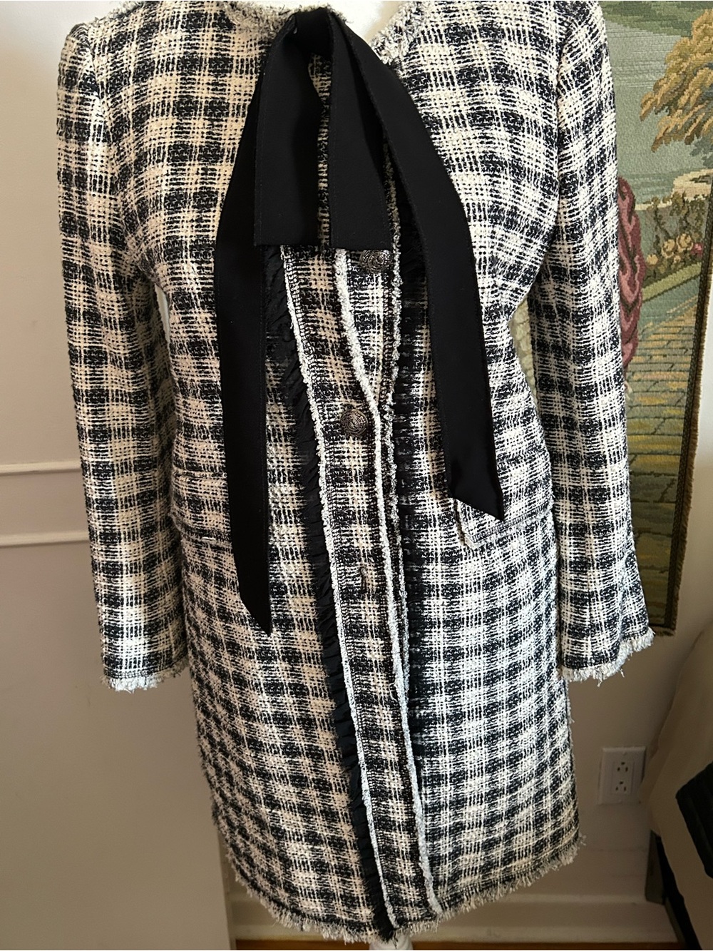 Navy blue & beige Tweed Long Coat with Bow Neck